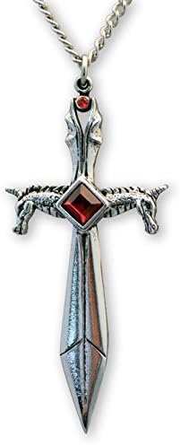 Double Unicorn Sword Medieval Renaissance Pendant Necklace with Red Crystals