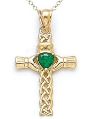 14kt Yellow Gold Claddagh Cross Pendant with Simulated Emerald Heart - Chain Included