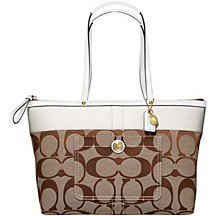 Coach Signature Stripe Zip Top Bag Tote 11691 White