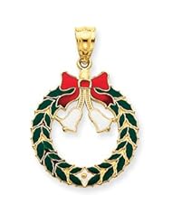 14k Gold Enameled Christmas Wreath Pendant