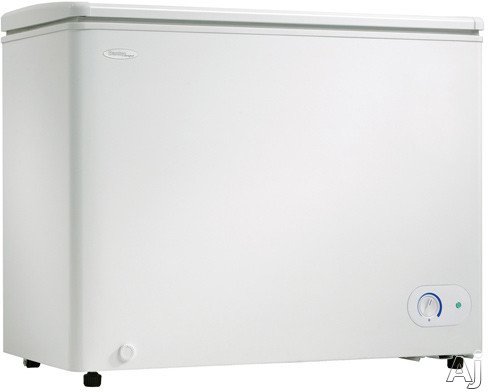 Danby Designer DCFM246WDD 87 cu ft Chest Freezer with Manual Defrost Storage Basket Up-Front Thermostat Aluminum Interior Rear Casters Adjustable Front Feet Energy Star Qualified and Front-Mounted Defrost Drain