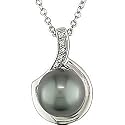 Sterling Silver Black Pearl and Diamond Necklace (9-10 mm)