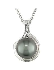 Sterling Silver Black Pearl and Diamond Necklace (9-10 mm)