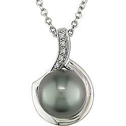 Sterling Silver Black Pearl and Diamond Necklace (9-10 mm) by Amour