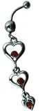 Red Crystal CZ Dangle Belly Button Navel Ring Bar Silver - Chandelier Style - Tri-Heart 3 tier Hearts Belly Button