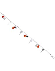 Sterling Silver Italian Charm Bracelet, w/ Dangling Hearts, Keys and Natural Carnelian Stones, 5/8 inch (16 mm) wide