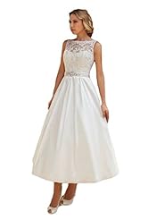 A-line Ankle Length Tea Length Sleeveless Jeweled Applique Lace Beaded Sheer Wedding Dress 