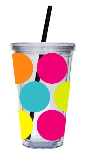 Cypress Home 17-Ounce Insulated Cup With Lid and Straw, Colorful Dots