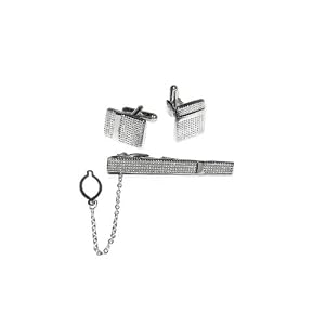 Studded Silver Colored Rectanguler Mens Cuff Link and Tie Clip Set by 