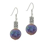 Iridescent Genuine Freshwater Cultured Black Coin Pearl Sterling Silver .925 Bali Bead Round Dangle Hook Earrings
