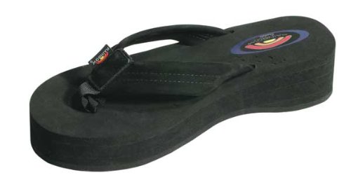 Womens Rainbow Sandals 4 Layer Leather Strap Wedge Black 8
