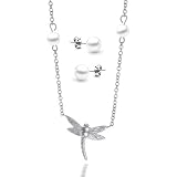 Bling Jewelry Sterling Silver 4mm Pearl Dragonfly 16 Necklace & Pearl Earrings Set