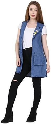 Longline Sleeveless Denim Jacket Long Denim Waistcoat with badges