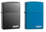 Zippo Lighter Set - Black Ice and Sapphire Blue with Name Logo Pack of 2