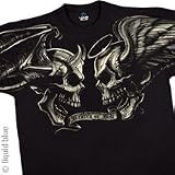 Good Vs. Evil, Angel and Devil Skull T-Shirt, Liquid Blue Full Shirt Designs