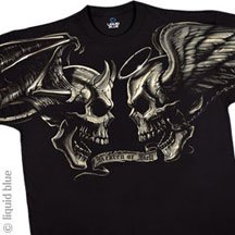 Good Vs. Evil, Angel and Devil Skull T-Shirt, Liquid Blue Full Shirt Designs