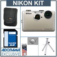 Nikon Coolpix S1100pj Digital Camera Kit - Silver - with 8GB SD Memory Card, Camera Case, Table Top Tripod, Spare EN EL-12 Lithium-Ion Battery, 2 Year Extended Service Coverage