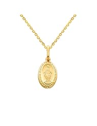 14K Yellow Gold Small Religious Miraculous Mary Medal Charm Pendant with Yellow Gold 1.2mm Side Diamond-cut Rolo Cable Chain Necklace with Spring-ring Clasp - Pendant Necklace Combination (Different Chain Lengths Available)