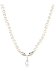 S&G Sterling Silver and 14k Yellow Gold Freshwater Cultured Pearl and Diamond Drop Necklace (0.01 cttw, I-J Color, I3 Clarity), 17"
