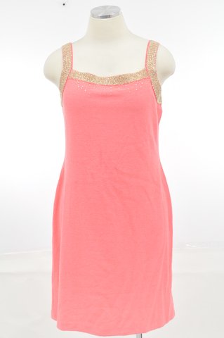 St. John Watermelon Pink and Gold Sleeveless Wide Strap Wool Dress