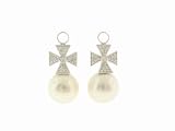 Pave Diamond Maltese Cross and Pearl Earring Charms in White Gold by Jude Frances