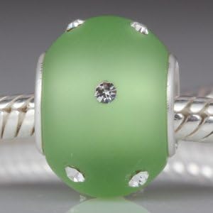 Kera Style Peridot Murano Frosted Glass Bead with Clear Swarovski Crystal August Birthstone 925 Sterling Silver Solid Core Charm Fits Pandora Chamilia Biagi Troll Beads Europen Style Bracelets
