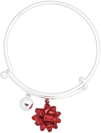 Silver Tone Metallic Bow and Jingle Bell Bangle Bracelet (Red Bow)