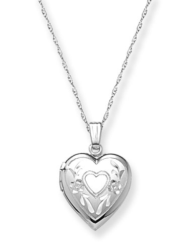 14k White Gold Engraved Heart Locket, 18″