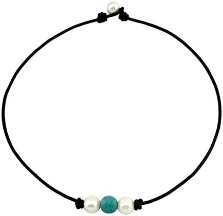 18" White Pearl Choker Necklace with Turquoise on Genuine Leather By Handmade for Women Jewelry ¡­