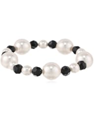 Cream Simulated Pearl and Jet Crystal Stretch Bracelet, 7"