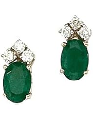 14K Yellow Gold Oval Emerald and Diamond Earrings
