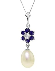 14k White Gold 18" Necklace with Natural Sapphire Flower and Pearl Pendant