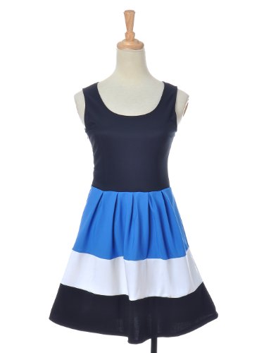 Anna-Kaci S/M Fit Three-Toned Black Blue White Casual Dress w Pleated Skirt