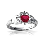 14K White Gold Heart Created Ruby Celtic Claddagh Ring