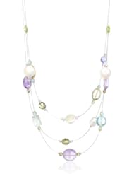 Multi-Gemstone, Crystal and White Freshwater Cultured Pearl Three Row Illusion Necklace, 16" + 3"