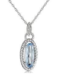 Sterling Silver Rope Oval Blue-Topaz Diamond Pendant Necklace (0.02 cttw, I-J Color, I2-I3 Clarity), 18"