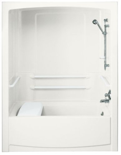 Kohler K-12104-C-0 Freewill Barrier-Free Bath and Shower Module with Brushed Stainless Steel Grab Bars, Outlet at Right, White