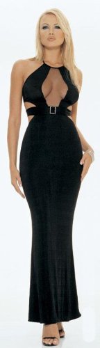 SeXy Long Black Halter Dress Keyhole Rhinestone Buckle