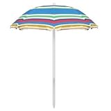 Umbrella Alternating Panels Of Green, Blue, Yellow, And Red Striped Fabric Umbrella With Tilt Adjustment