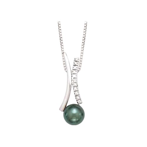 14K White Gold 1/5 ct. Diamond and Black Tahitian Pearl Slide Pendant with Chain