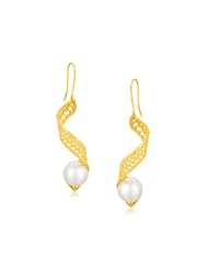 Italian Design 14K Yellow Gold Crochet Spiral Earrings with Cultured Pearl