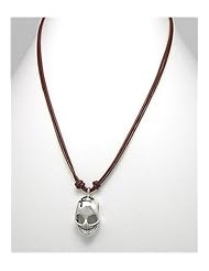 Brown Skull Leather Necklace In 92.5 Sterling Silver