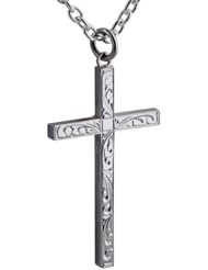 British Jewellery Workshops Silver 40x24mm hand engraved block Cross with Cable link chain