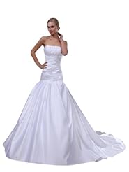 Strapless Spring Fall Winter Pleated Ruched  Satin Mermaid  Ball Gown Wedding Dress  with a Chapel Train 