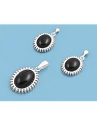 Sterling Silver Onyx Embossed Oval Earring Pendant Set