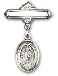 Sterling Silver Baby Badge with St. Nicholas Charm and Polished Badge Pin