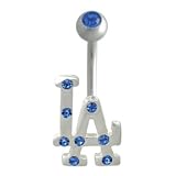 Los Angeles Dodgers "LA" 316L Stainless Steel Belly Ring with Blue Cubic Zirconia - 14G - 3/8 Inch Bar Length - Sold Individually