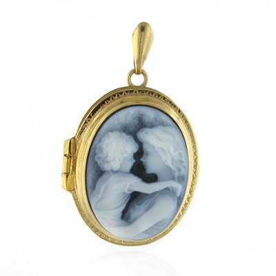 14K Yellow Gold Cameo Agate Mother Child Locket