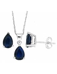 2.10CTTW Genuine Pear Shaped Sapphire Pendant Earring Set,14Kt White Gold w/chain(A Quality)