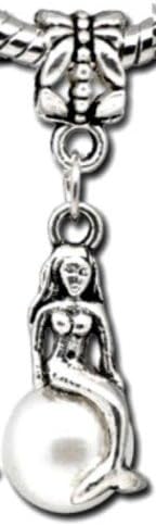 Divine Beads Mermaid sitting on Faux Cream Coloured Pearl Dangle Charm Fits Pandora, Biagi, Tedora, Chamilia, Bacio, Troll and other European style bracelets